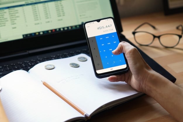 A close-up shot of a smartphone displaying a budgeting app interface, showcasing expense tracking and financial analysis features. The screen is brightly lit and easy to read.