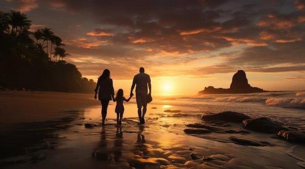 A serene image of a family (parents and two children) holding hands and walking on a beach at sunset, symbolizing the protection and security that life insurance provides.