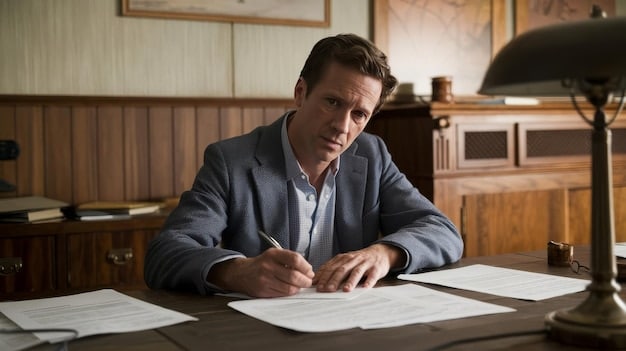 A person sitting at a desk, working on a document labeled 