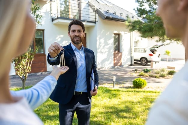 A smiling landlord shaking hands with a happy tenant in front of a well-maintained house, while holding keys, symbolizing a harmonious landlord-tenant relationship and successful property management.