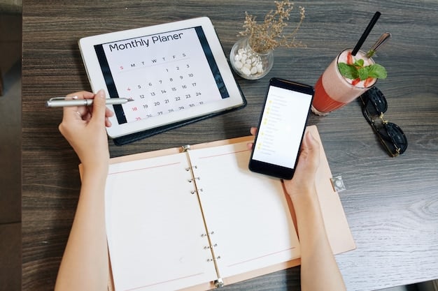 A calendar highlighting key moments for salary negotiation, such as performance review dates and the end of the fiscal year, emphasizing the importance of strategic timing. The calendar is on a desk with a pen and a coffee cup.