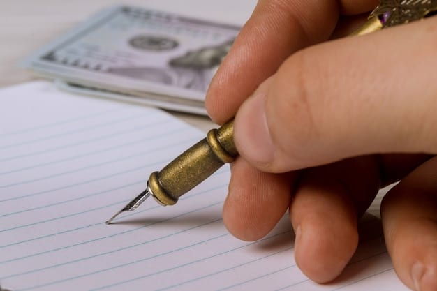 A close-up of a hand holding a pen and filling out a tax form, with a calculator and stock market graphs visible in the background. This image emphasizes the process of calculating and reporting stock option income.