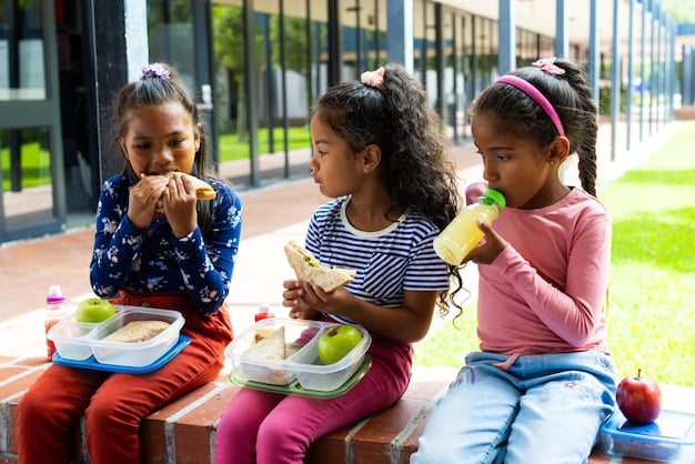 A diverse group of children eating healthy snacks at a community center. The scene should depict a positive and supportive environment where nutritious food is accessible to all.