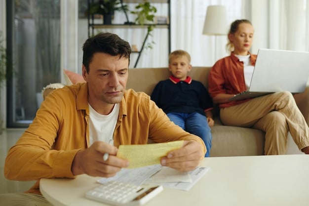 A concerned parent reviews financial paperwork while another parent comforts their child, showing the stress and responsibility of financial planning for a family.