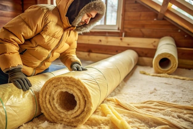 Hands placing insulation material in an attic, representing efforts to improve home energy efficiency and lower energy bills.