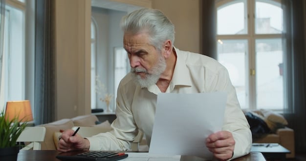An elderly person sitting at a table with an open document titled 