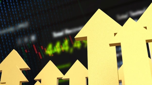 Image showcasing a graph comparing interest rates and GDP growth side by side. Overlayed are symbols of investment options: bonds, stocks, and real estate, alluding to how these assets are impacted.