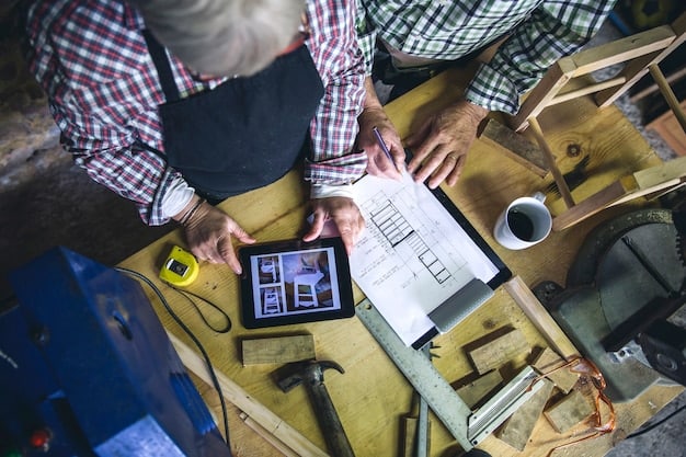 A group of construction workers collaborating on a project, using digital tablets to review blueprints and project plans, showcasing the integration of technology in the infrastructure development process.