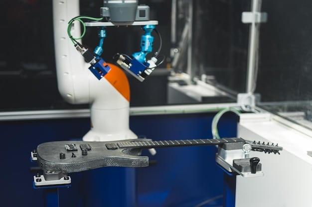 A close-up shot of a robotic arm precisely assembling a component on a production line, showcasing the precision and efficiency of automated manufacturing.