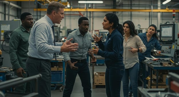 A diverse group of workers collaborating in a modern manufacturing facility, showcasing teamwork and the blend of human expertise with automation.