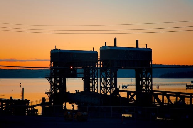 A photograph of an oil refinery at sunset, showing pipelines and storage tanks, representing the complexity and scale of oil production.