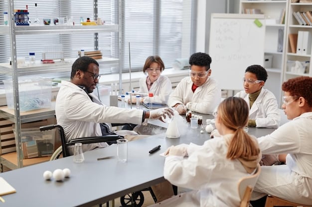 A group of diverse researchers collaborating in a modern laboratory, showcasing teamwork and innovation.