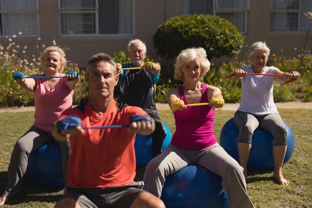 A group of senior citizens happily participating in a fitness class designed for older adults.