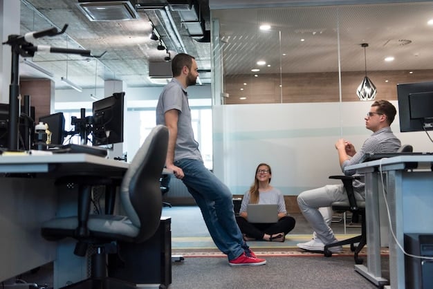 A modern, flexible office space featuring collaborative areas, hot desks, video conferencing setups, and employees interacting in both physical and virtual environments, highlighting the adaptation of workplaces to hybrid work models.