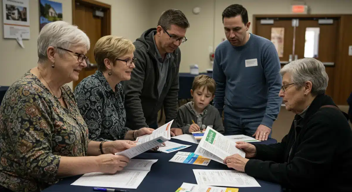 Diverse individuals learning about housing assistance programs at a community workshop.