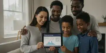 Family smiling in a warm living room, looking at a tablet showing utility bill savings from government programs