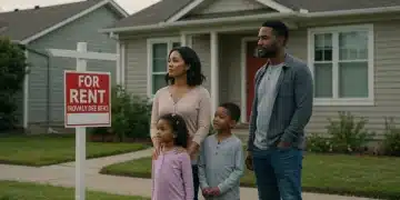 Family looking at a house with a 'For Rent' sign, symbolizing hope for federal housing aid.