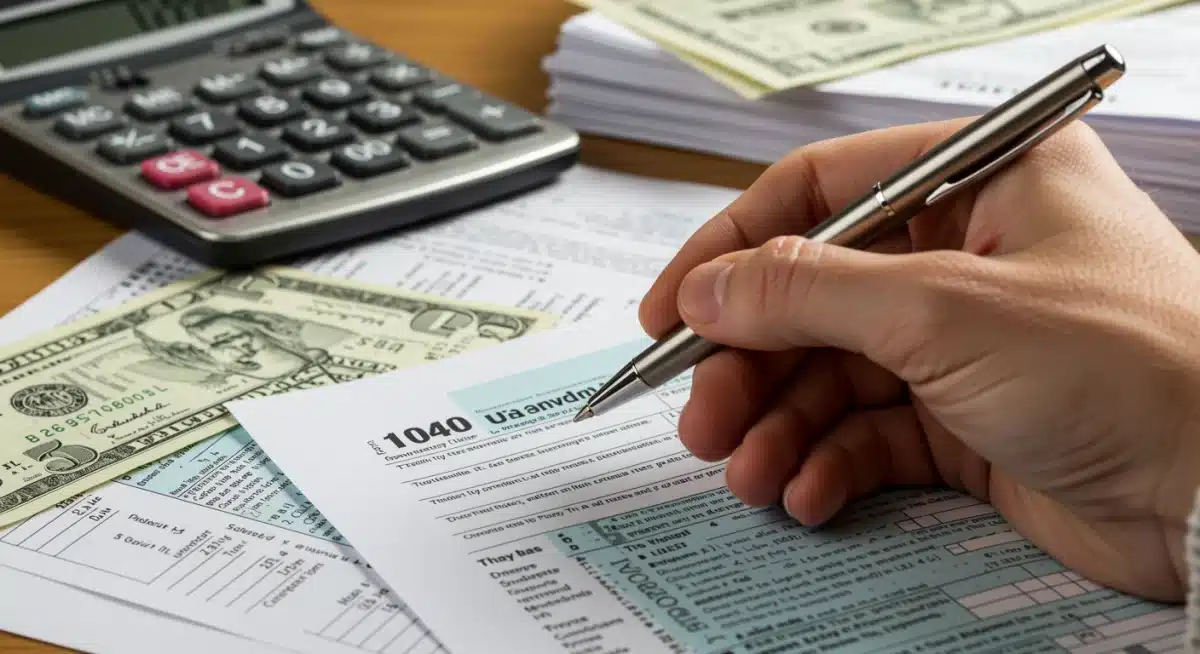 Hand calculating tax credits on a form