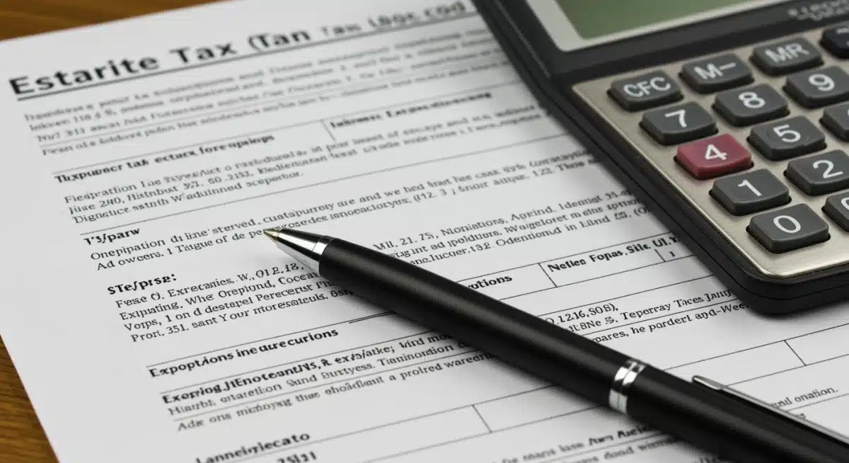 Close-up of estate tax forms and a calculator for financial planning.