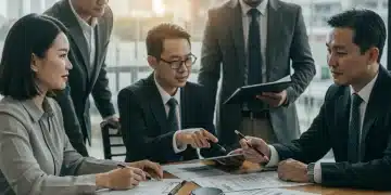 Financial advisors discussing estate tax planning strategies for 2025 with clients.