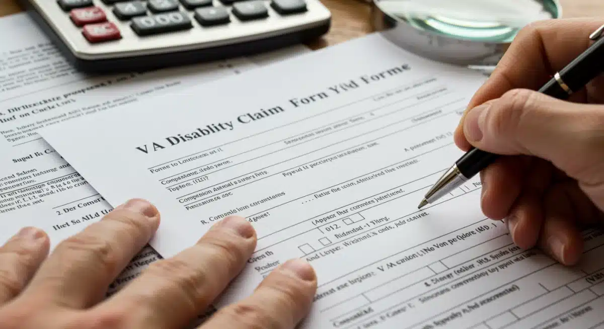 Close-up of a veteran filling out a VA disability claim form for increased compensation.