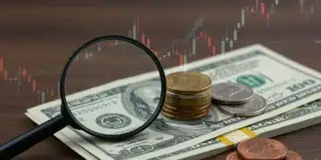 Magnifying glass over dollar bills, symbolizing financial growth and high returns in 2025.