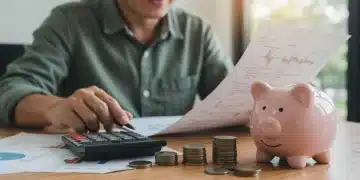 Person reviewing retirement savings statement with calculator and piggy bank