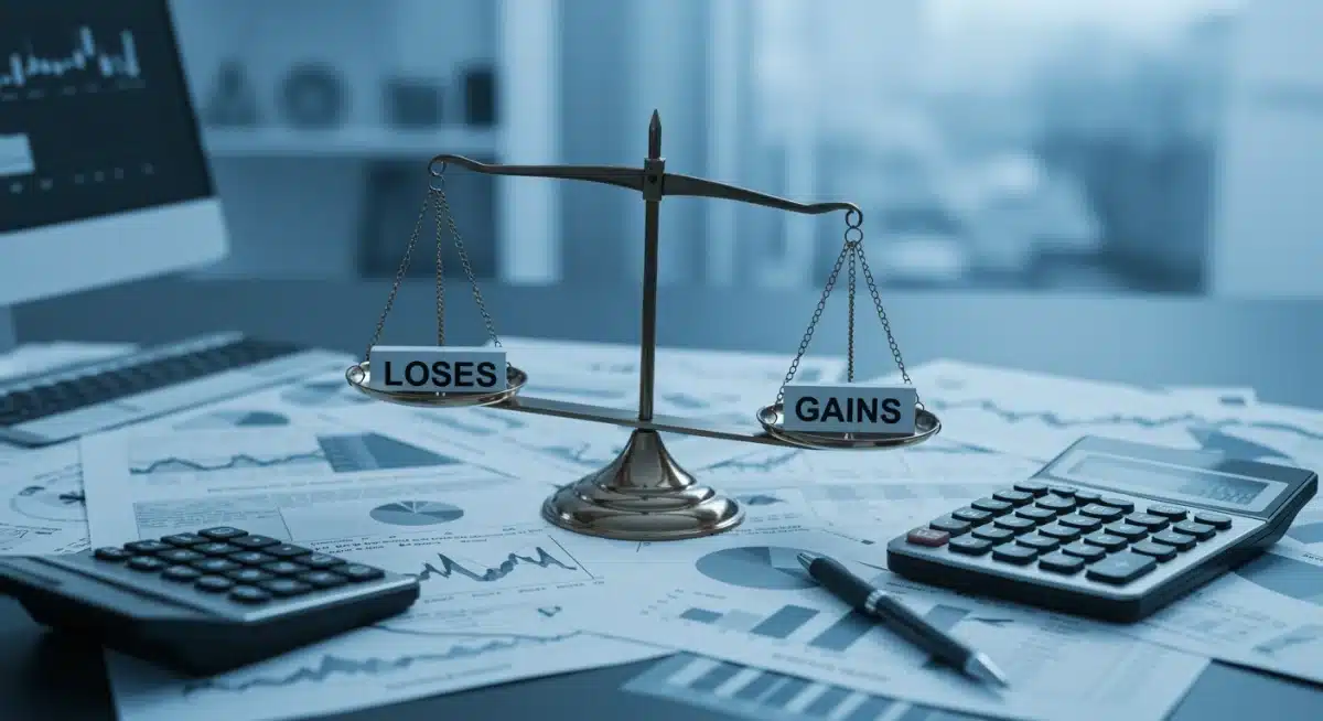 Balance scale with investment losses and gains, representing tax-loss harvesting strategy.