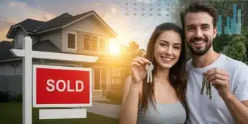 Couple celebrating new home with a 'Sold' sign and financial planning graphics