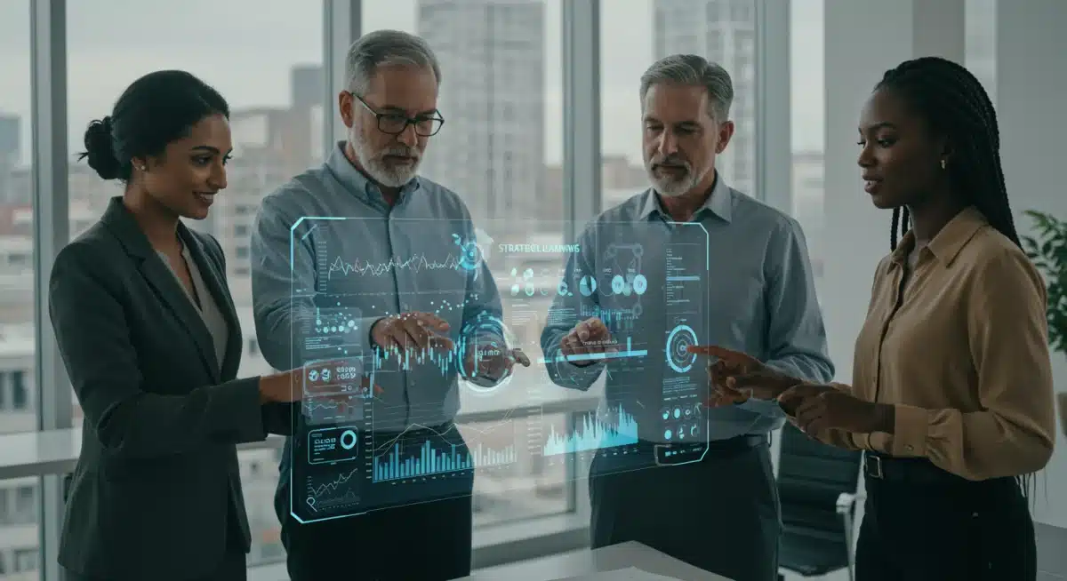 Professionals analyzing 2026 US economic indicators on a holographic screen