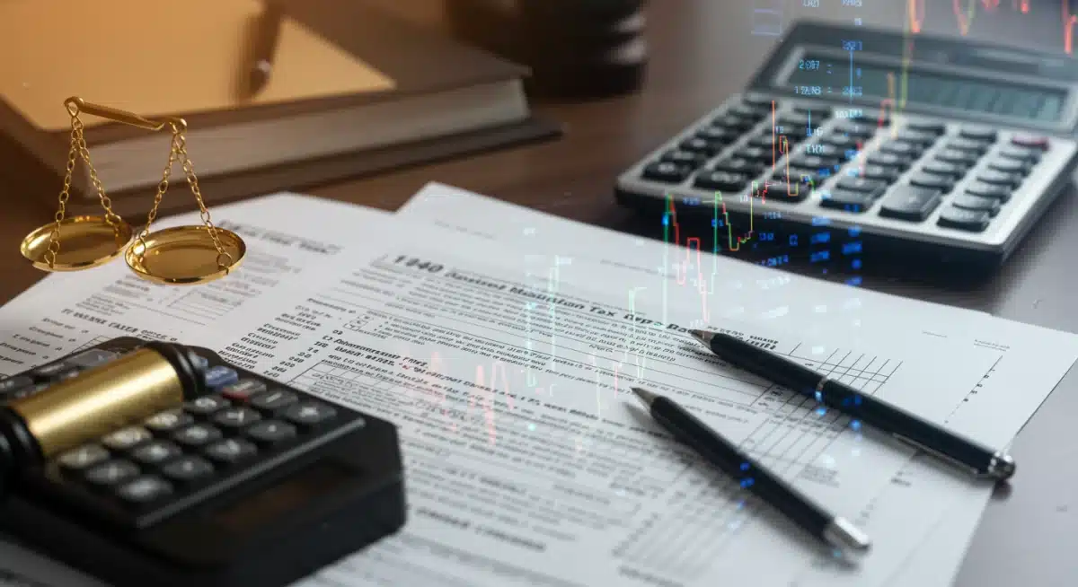 Complex tax forms and calculator on a desk, symbolizing estate tax calculations.