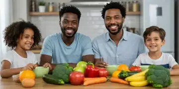 Family enjoying a healthy meal with fresh produce, symbolizing food security provided by SNAP benefits.