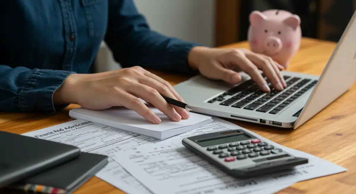 Hands typing on laptop with financial aid forms and calculator