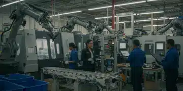 Modern factory with robots and workers, symbolizing US manufacturing growth