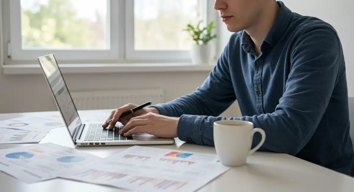 Person tracking expenses on a laptop, a key step in building an emergency fund.