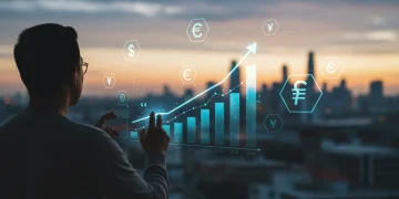 Digital dashboard showing a rising credit score with futuristic financial icons