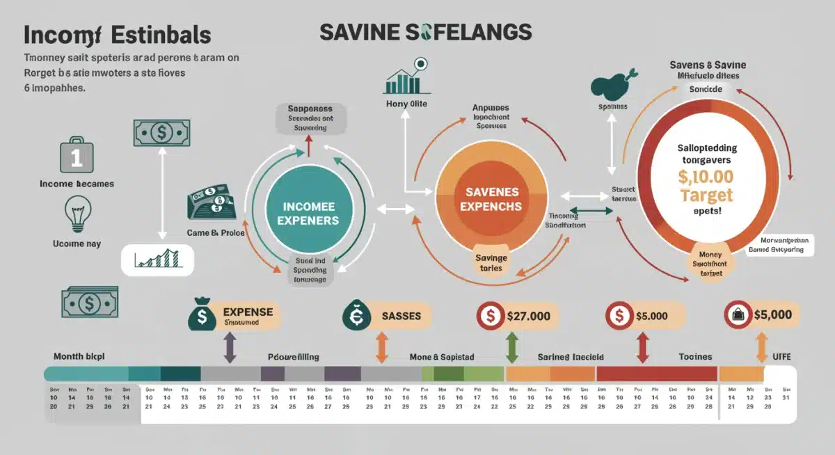 Infographic showing income, expenses, and savings targets for a six-month financial plan