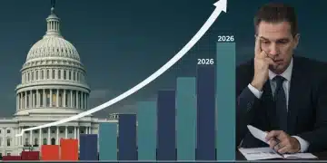 Illustration of US national debt growth towards 2026, showing fiscal challenges.