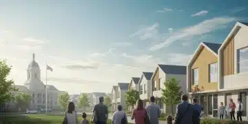 Families and individuals looking at new affordable housing, symbolizing hope and community in 2026.