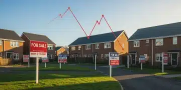 Suburban housing development with 'For Sale' signs and a declining sales graph overlay, representing the 2026 housing market.