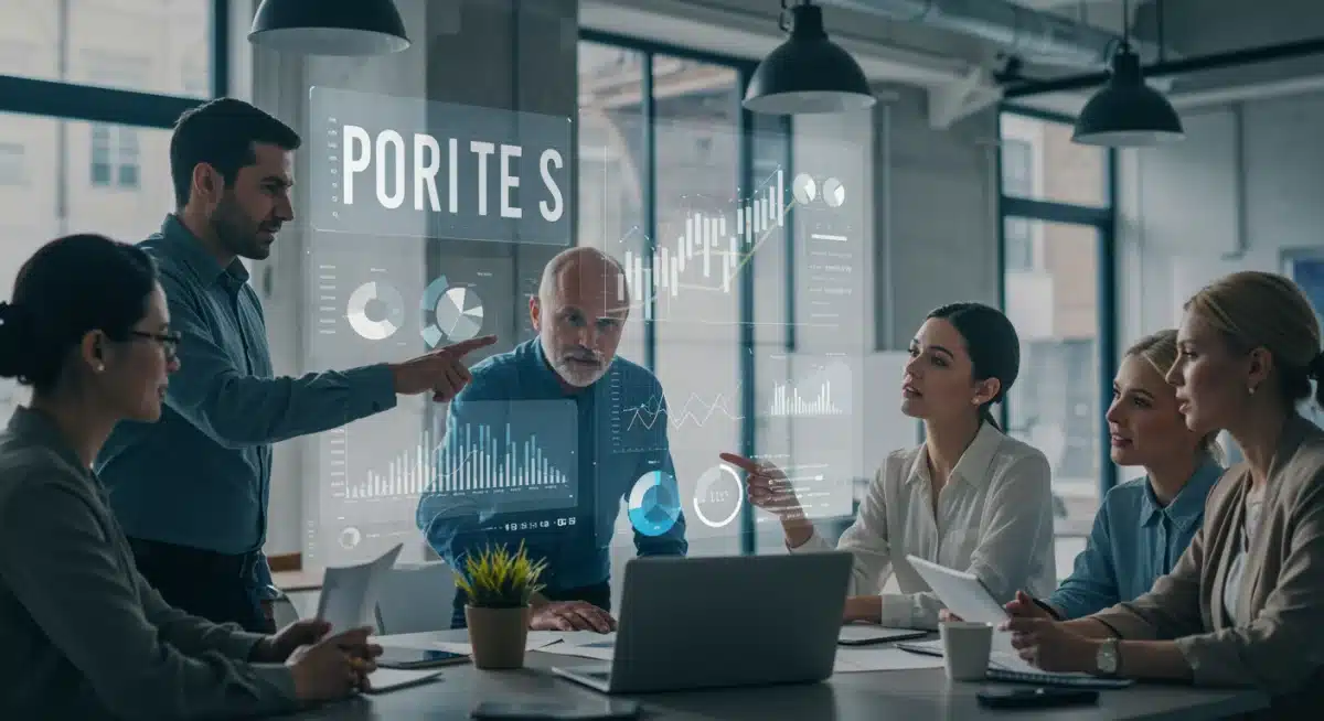 Diverse group of people discussing positive economic forecasts and investment strategies for the future.