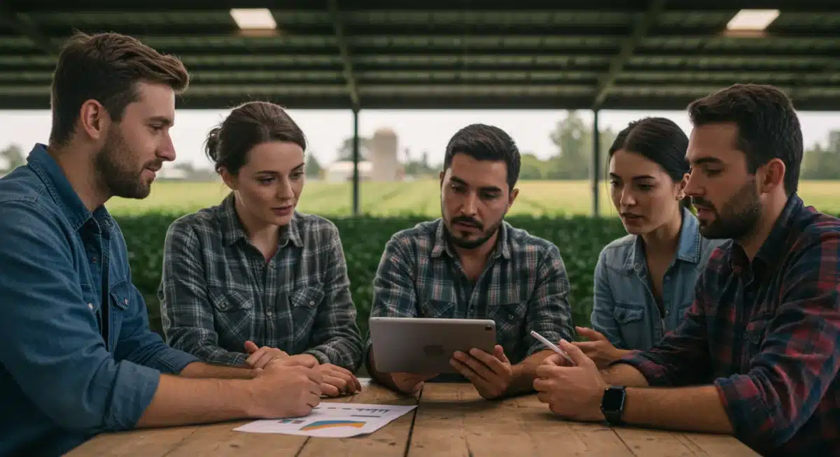 Farmers reviewing digital data on a tablet, discussing agricultural trade and market trends.