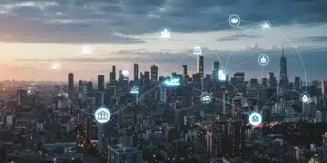 Futuristic cityscape with digital overlays symbolizing technological innovation and economic growth in the US.