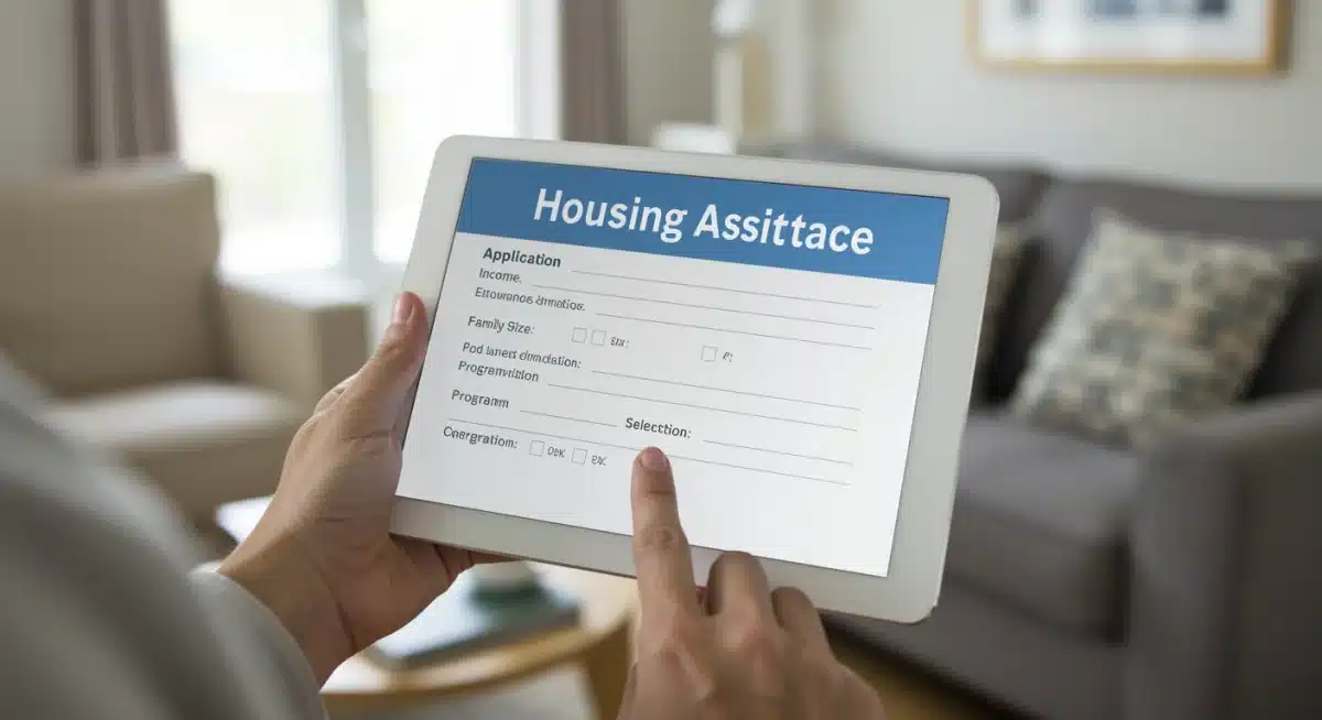 Person filling out a digital housing assistance application form on a tablet.