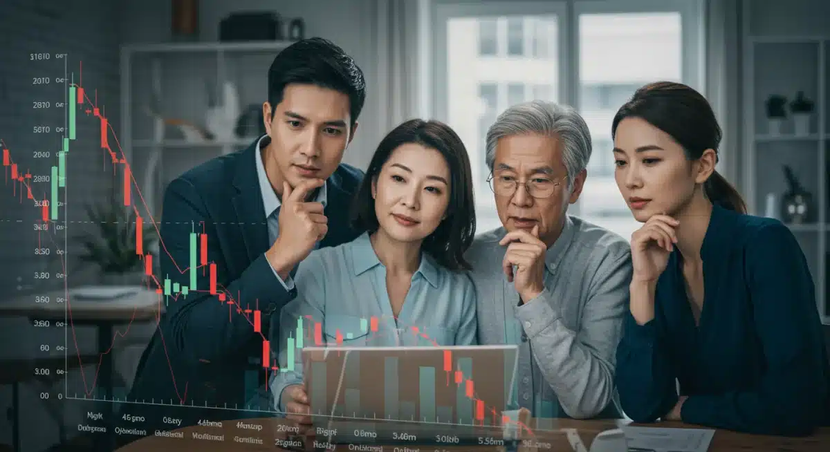 People analyzing a digital chart with fluctuating interest rates and housing prices, representing economic decision-making.