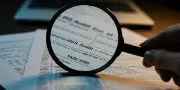 Magnifying glass over tax form with 2026, symbolizing IRS audit triggers