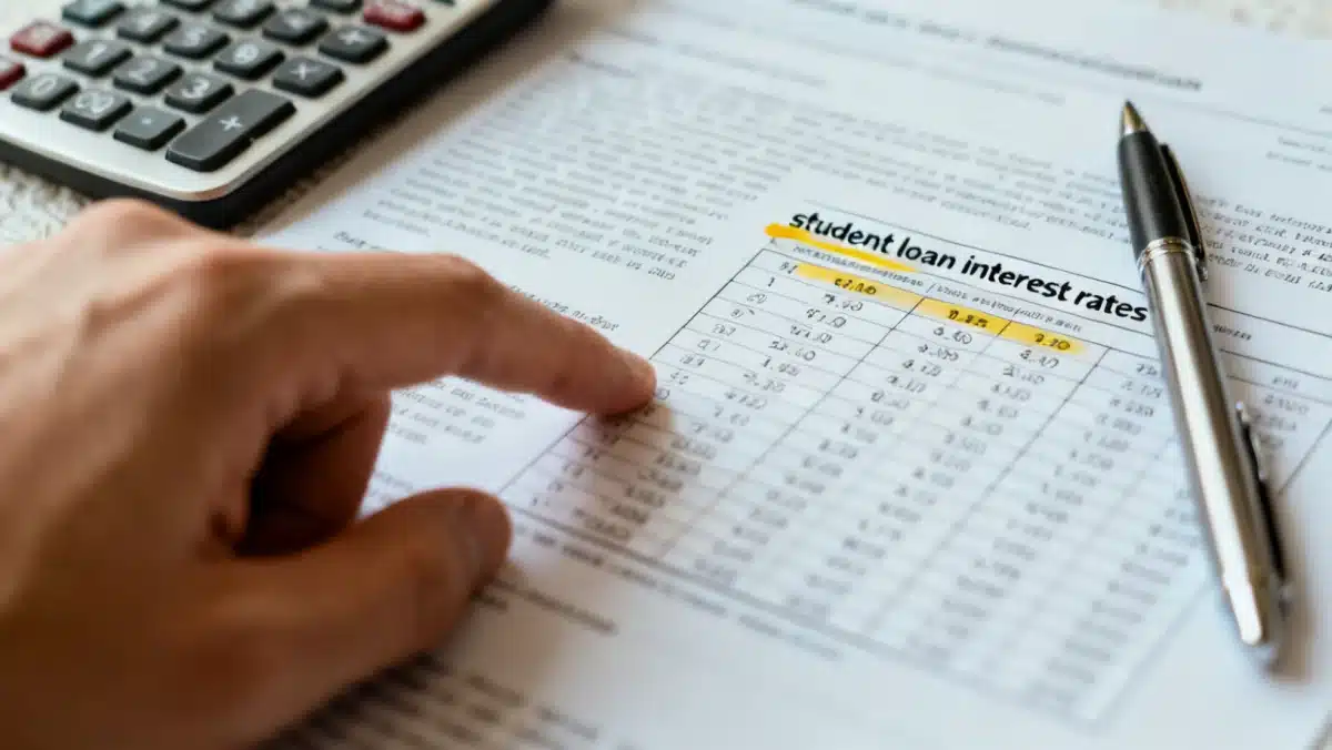 Hand highlighting student loan interest rates on a document.