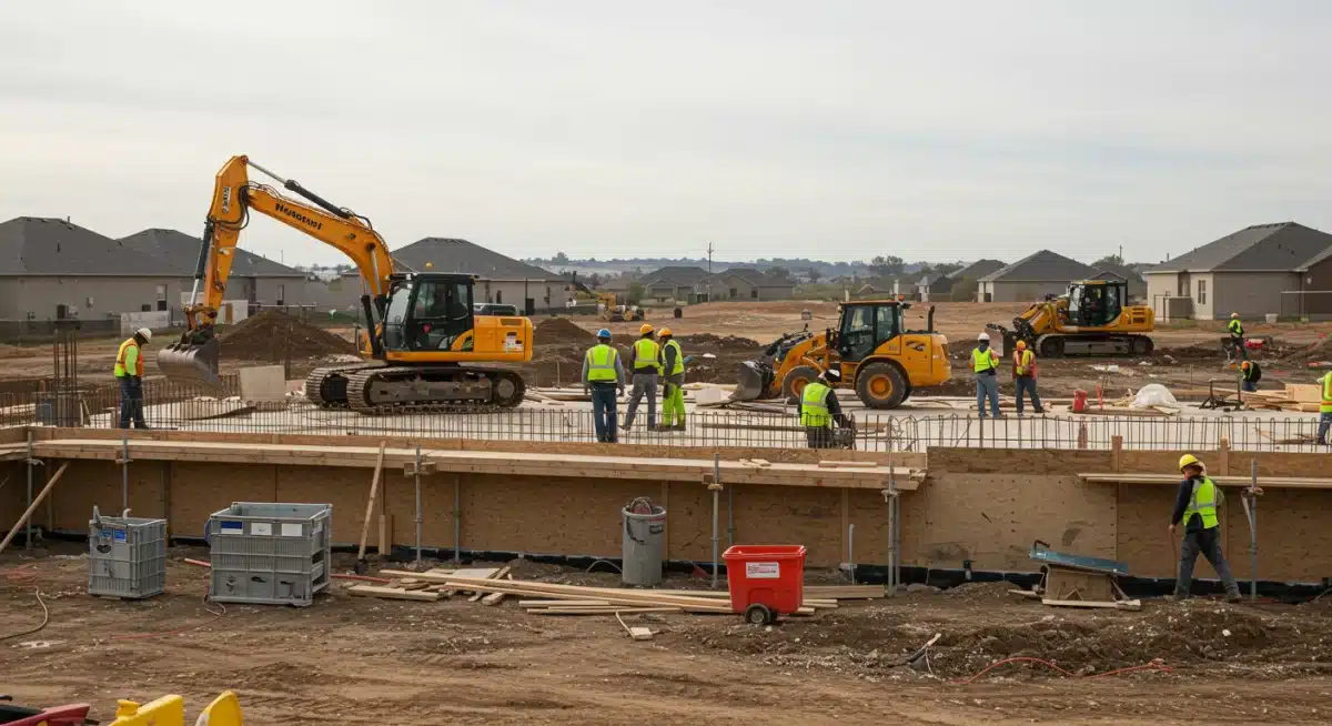 Construction site with fewer workers and machinery, indicating a slowdown in new home building.