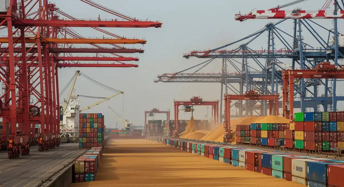 Container ships at a bustling port being loaded with US agricultural products for international export.