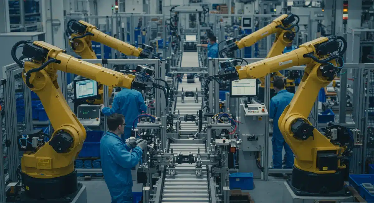 Robotic arms and human workers collaborating on an advanced assembly line, showcasing automation and efficiency in manufacturing.